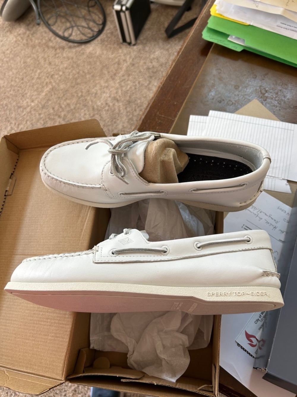 Sperry Men's White Leather Boat Shoes with Pink-Toned Sole